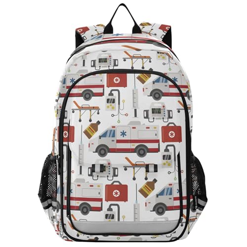 Ambulance Cars Pattern Backpack School Bag Lightweight Laptop Backpack Students Travel Bookbag with Reflective Stripes