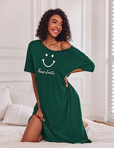 Ekouaer Long Nightshirts Womens Loungewear Nightgowns Short Sleeve Sleepwear O Neck Sleep Shirt With Pockets Dark Green M #TOP2