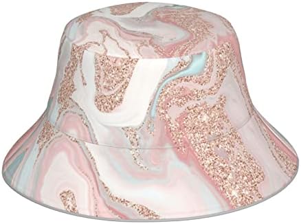 Rose Gold Glitter Coral Gray Pastel Marble Bucket Hat Summer Travel Hat Beach Sun Hat Aesthetic Fishing Hat for Men Women Outdoor Cap Reversible Double-Side-Wear