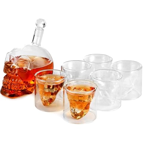 Whisky Carafe Made of Glass with Silicone Stopper Creative Skull Wine Glass 350 ml Decanter + 6 Glasses 75 ml Cover