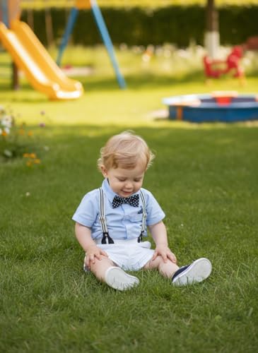 Image of Volunboy Baby Boy Formal Short Set Toddler Summer Gentleman Outfit Kid Short Sleeve Bowtie Shirt Suspender Shorts Suit