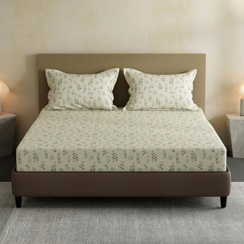 Image of Layers 100% Cotton Bedsheet for Double Size Bed | Lumina Floret Collection | 144 TC Soft & Breathable | Floral Print with 2 Pillow Covers | Wrinkle Free & Colorfast | 3 Pc Bedding Set - Cream & Blue