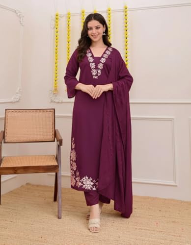 Image of ANNI Designer Pure Cotton Embroidered Kurta Set for Women | Rust Orange Kurta with Pants & Dupatta | Floral Neck & Hem Embroidery | Cotton Kurta Set for Women | 10 Colour Options Available