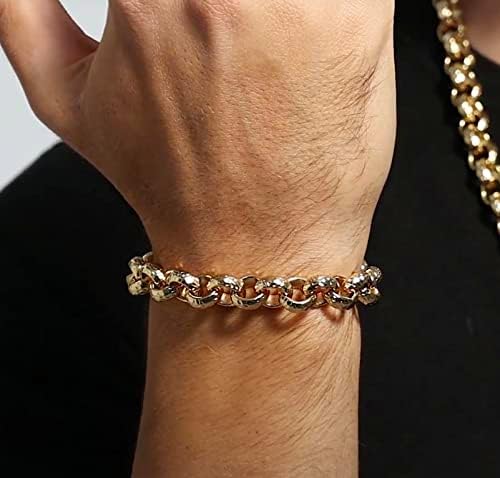 THE BLING KING 12mm Gold Diamond Cut Pattern Belcher Chain Necklace and Bracelet Classic Jewellery Set, Real Gold Plating, Matching Belcher Necklace and Bracelet (Necklace: 24", Bracelet: 8 to 8.5")