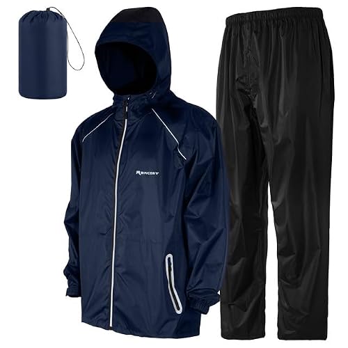 LAMA Regenpak (regenjas + regenbroek), voor dames en heren, reflecterende regenpak, waterdichte capuchon, uniseks, ademende regenbroek, regenjas, regenjas, regenkleding met capuchon, Donkerblauw, XXL