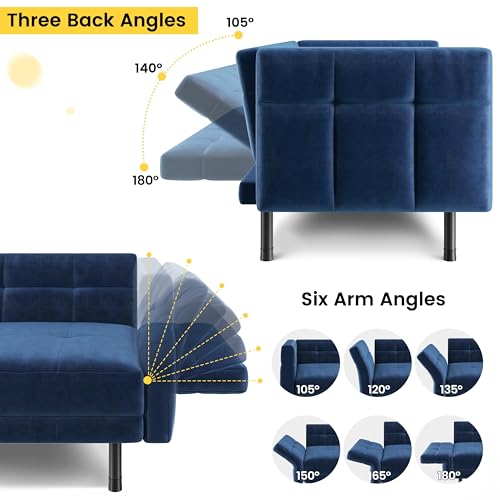 Yaheetech Trennbares Sofa mit Schlaffunktion, Schlafsofa 2 Sitzer aus Samtstoff, Schlafcouch mit 4 Kissen, 170x80x72.5 cm Multifunktionaler Schlafsessel fürs Wohnzimmer/Schlafzimmer/Gästezimmer, Blau