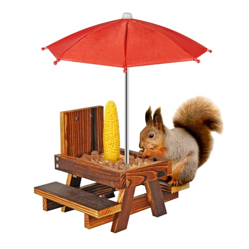 Squirrel Feeder with Umbrella Squirrel Table Feeder with Sturdy Squirrel Feeder with Corn Cob and Peanut Tray Holder Sturdy with Solid Structure Easy to Install (Brown Wood)