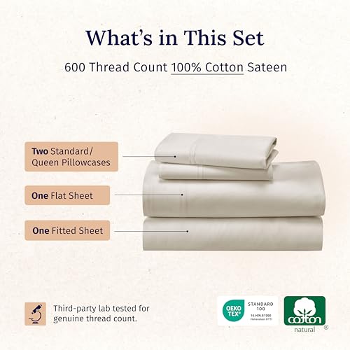 California Design Den Queen Size Sheet Set - Luxury 600 Thread Count Sateen, 100% Cotton Sheets, Deep Pockets, All Around Elastic for a Snug Fit, Hotel Quality Bedding Set - Ivory (Creamy Beige Tone)