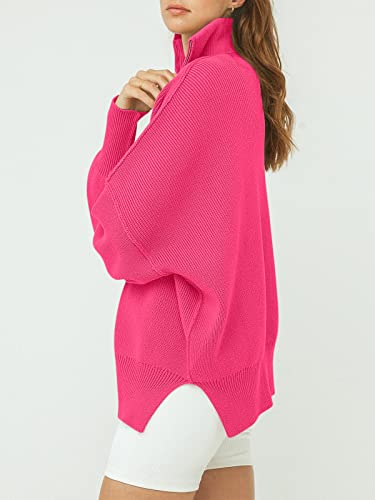 Image of ANRABESS Womens Oversized Quarter Zip Pullover Sweaters | Fall Fashion Outfits, Long Sleeve Slit Side, Baggy Loose Fit, 1 /4 Zip Lapel Collared, Ribbed Knit Soft Warm Winter Clothing