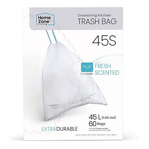Home Zone Living 12 Gallon Kitchen Trash Bags with Drawstring Handles, Heavy Duty Custom Fit Design for Standard 45 to 50 Liter Kitchen Trash Cans, Code 45S, 60 Count Cover