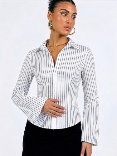 Image of Aahwan Striped Button Down Flared Bell Long Sleeve Casual Shirt for Women's & Girl's