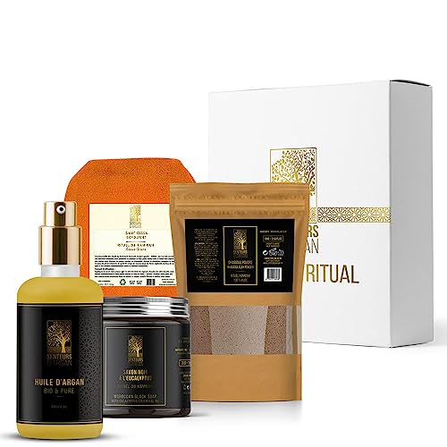 COFFRET CADEAU HAMMAM- Huile d'argan bio du Maroc 30ml- Gommage au Savon noir à l'Eucalyptus 200G-...