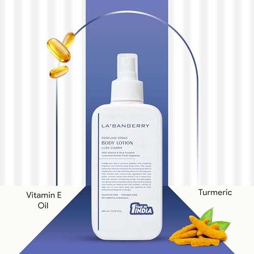 Image of LA'BANGERRY Luxe Charm Perfume Spray Body Lotion with Vitamin E Oil & Turmeric | Moisturizing & Skin Nourishing Body Lotion | Sulphate & Paraben Free | 200ml (Pack Of 2)