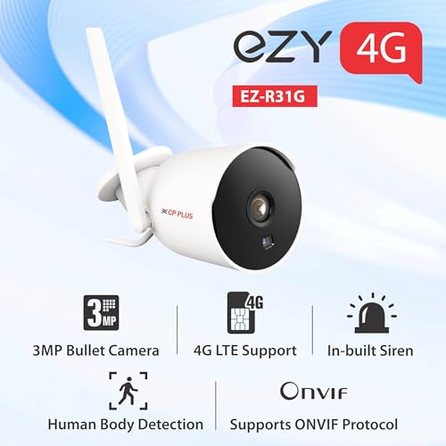 Image of CP PLUS 3MP Outdoor Bullet CCTV Camera | 4G SIM-Based Wireless Security Camera | Motion & Human Detection | Night Vision 25M | Two-Way Audio | Built-in Siren | Mobile App Support | EZ-R31G