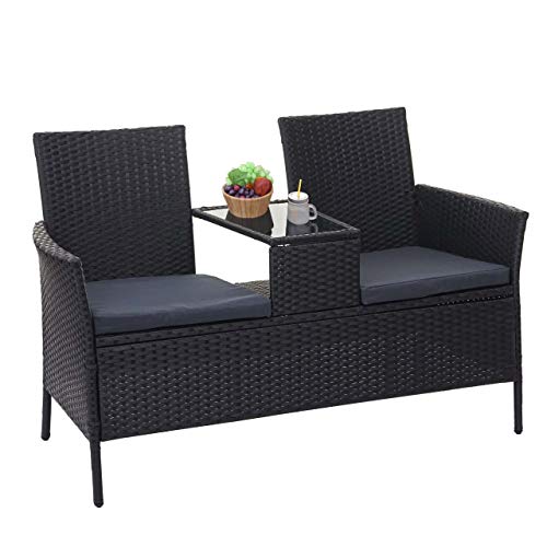 Mendler Poly-Rattan Sitzbank mit Tisch HWC-E24, Gartenbank Sitzgruppe Gartensofa, 132cm - schwarz, Kissen dunkelgrau