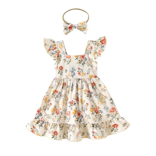 JEELLIGULAR Baby Girl Dresses Strawberry Sundress Toddler Infant Summer Clothes with Cute Bow Headband Playwear Outfits 3-24M(White with Multicolor Floral6-12 Months)