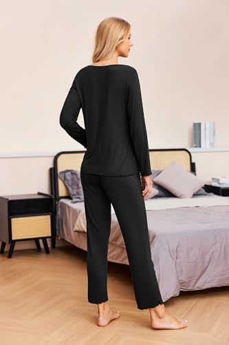 Image of Ekouaer Womens 2 Pack Pajama Set Long Sleeve Pajamas Top and Pants V Neck Pjs Set Soft Sleepwear Loungewear