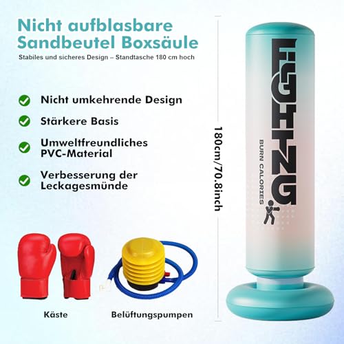 Boxsack Stehend 180cm mit PU Boxhandschuhen – Standboxsack für Teenager & Erwachsene, Punching Bag für Boxtraining Zuhause, Kickboxen, MMA, Karate & Sandsack Training, Stabil & Geräuscharm
