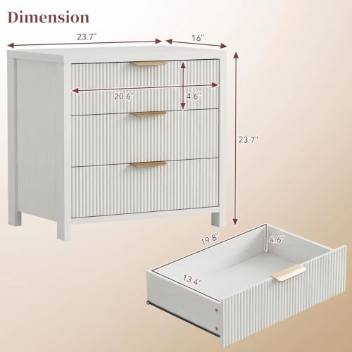 Image of Fluted Nightstands Set of 2, 23.7'' Wide Night Stand with 3 Drawers, Mid-Century Modern Bedside Table with Handles, Wood End Table for Bedroom, White