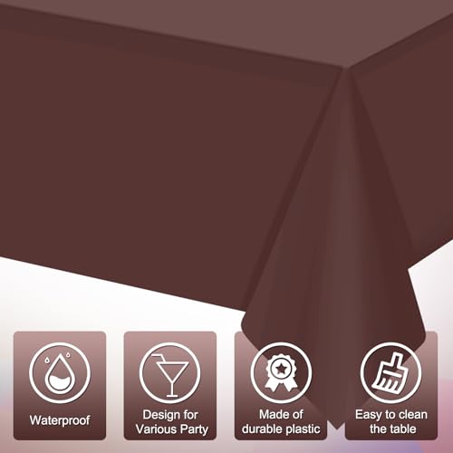 Image of 16 Pack Brown Plastic Tablecloth for Rectangle Tables, Premium Decorative Brown Disposable Table Cloths for Parties, Bulk Rectangle Party Table Cover for Birthday, Wedding, Anniversary, 54 x 108 Inch