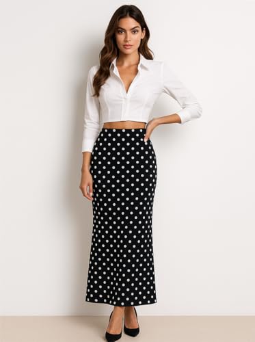 Womens Polka Dot Maxi Skirt Elegant High Waist Bodycon Long Skirts Casual Trendy4