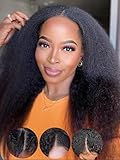 KLAIYI V Part Kinky Straight Wig Human Hair Glueless Wear and Go Wig Upgrade U Part Wigs for Women No Glue No Leave Out Yaki Straight None Lace Front Clip In Half Wig Ready to Go Beginners Wig 16Inch