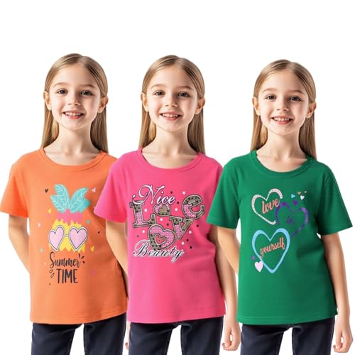 HILEELANG Girl T-Shirts Short Sleeve Graphic Tees Cotton Casual Summer Tops Shirts 3 Packs2