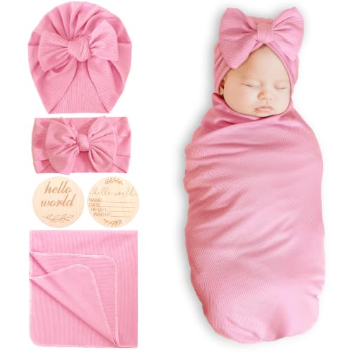 Image of DRESHOW BQUBO Baby Girl Newborn Receiving Blankets with Bow Hat Headband Wooden Birth Announcement Card Set Newborn Baby Swaddle Wrap Set Warm Shower Gift