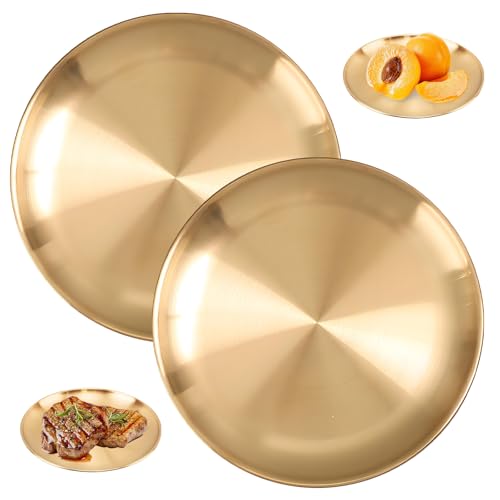 quyueug Lot de 2 assiettes de présentation de 20 cm – Assiettes en acier inoxydable, plateau de service, plateau rond léger et brillant, assiettes de...