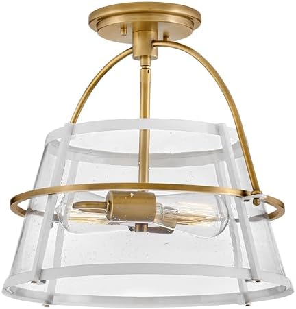 Hinkley Tournon Medium Semi-Flush Mount Ceiling Light, Two-Toned Contemporary Steel Frame with Oversized Yoke, Clear Seedy Glass, Heritage Brass and Polished White
