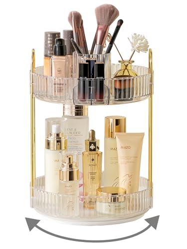 Asayuee 360 Rotating Makeup Organizer,2 Tier Large Capacity Make Up Organizers and Storage,Skincare Perfume Vanity Organizers,Bathroom Cosmetics Storage Organizer Countertop(Clear)