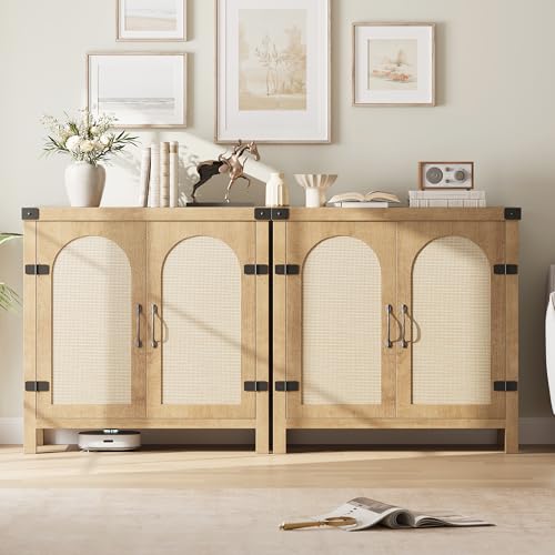 GarveeHome Rattan Sideboard Buffet Cabinets with Storage, Farmhouse Kitchen Accent Storage Cabinet, Boho Wooden Coffee Bar Cabinet for Dining Room, Living Room, Hallway, Natural