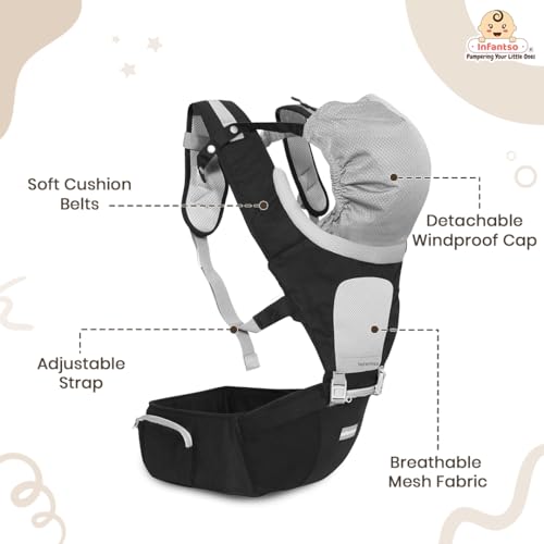Image of Infantso Premium Hip Seat Baby Carrier with 6 Adjustable Carry Positions, Carrier for 0 to 3 years Baby with Hip Seat, Kangaroo Style Bag, Baby carrying Bag for Newborn to Toddler, Weight upto 15kgs (Black Grey)