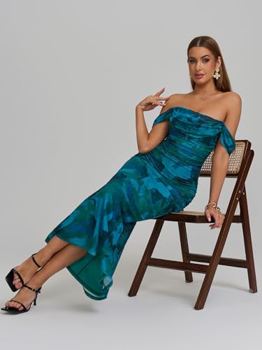 Image of KUTUMAI Off The Shoulder Maxi Long Dress Corset Ruched Bodycon Cocktail Formal Wedding Guest Dresses for Women