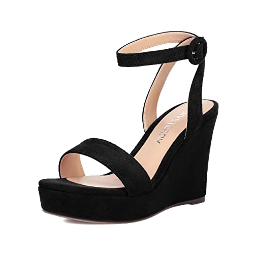 SKYSTERRY Womens Open Toe Sexy Buckle Party Platform Suede Ankle Strap Wedge High Heel Heeled Sandals 4 Inch