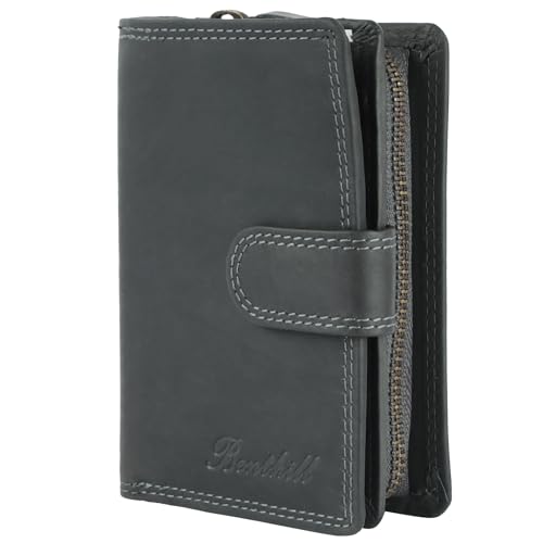 Benthill Geldbörse Damen Leder | Geldbeutel mit RFID Schutz aus Rindsleder | Portmonee mit 8 Kartenfächer Mittelgroß | Echt Leder Slim-Wallet Vintage inkl. Geschenkbox, Farbe:Olive - Grau
