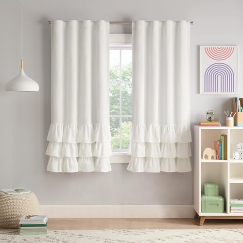 Eclipse Blackout Curtain, Tiered Ruffle Kids Curtain, 63 in x 40 in, Thermaback 100% Blackout Curtain with Rod Pocket Header, Curtain for Kids Room or Playroom, 1 Window Curtain, White