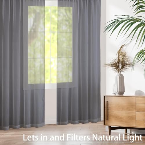 Rideaux semi-voile pour salon lumineux, voilage gris passe-tringle de 243 cm pour chambre