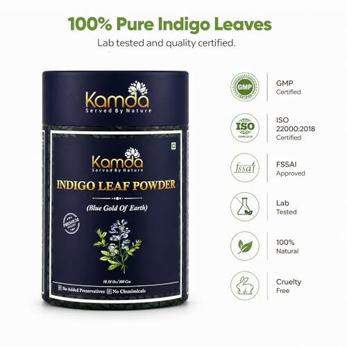 Image of Kamda Natural Indigo Powder for Hair & Beard Pack of 1 | 100% Pure Herbal Hair Color | Chemical-Free Grey Hair Coverage | No Ammonia, No PPD | Natural Black & Brown Shade with Henna | Men & Women | Conditions & Strengthens Hair