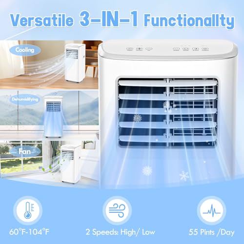 8500BTU Portable Air Conditioner 3-IN-1 with Fan&Dehumidifier AC unit with LED Remote Control up to 450 sq.ft. Room Air Conditioner with Sleep Mode,24H Timer,2 speed,Auto-evaporativ.