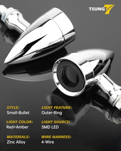 Image of TSUNG Universal Motorcycle LED Turn Signals Lights Small Bullet Front Rear Blinkers Tail Lights for Cruiser Chopper Bobber Cafe Racer Street Bike (RING-Chrome, Red&Amber)