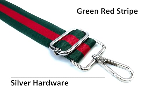 Image of Classic Green Red Stripe Purse Strap with Silver Hardware 1-1 /2 Inch Wide Replacement Crossbody Guitar Style Shoulder Strap for Handbags Totes