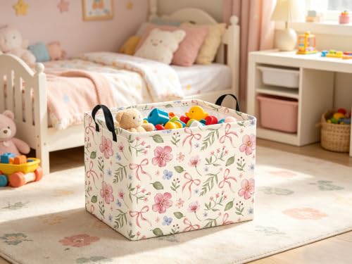 Image of Rectangular Baby Kids Storage Basket for Home Kitchen Girls Cute Toy Storage Bin Organizer Shelf Book Room Decor(Bowknot Flower)