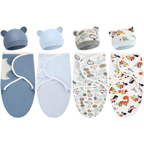 Image of Buryeah 4 Pack Preemie Swaddle Blanket Wrap Set with Hat for Baby Boys Girls 3-7 Lbs Preemie Newborn Clothes Sleepers Cap