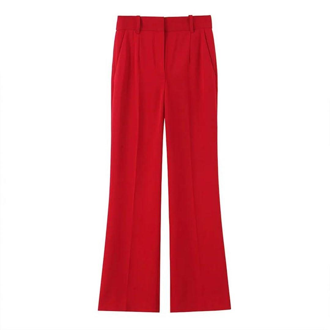 Women Solid Front Zipper Pleated Flare Pants Vintage High Waist Full Length Trousers