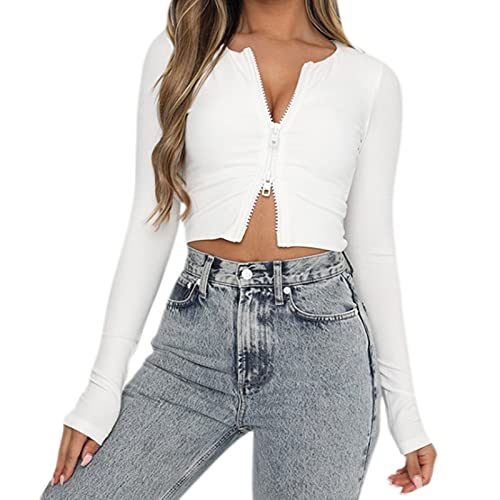 Women Sexy Ribbed Knitted Crop Top Double Zip Up Long