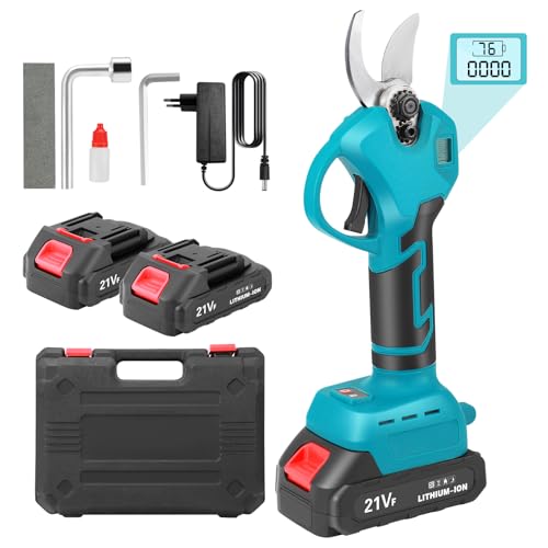 Sécateur électrique avec batterie, Sécateur de jardin électrique avec 2 x 21V 1500mAh batteries, affichage LCD, moteur sans balais, diam. de coupe max. 30mm (1,2 pouces), sécateur électrique