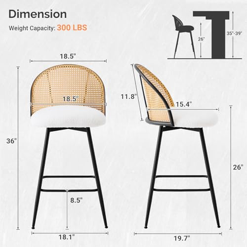 Counter-Height-Bar-Stools-Set-of-2-360-Swivel-Upholstered-Barstools-with-Rattan-Full-Back-and-Metal-Legs-Boucle-Fabric-Seat-26-Mid-Century-Modern-Counter-Stool-Kitchen-Island-Bar-Chairs-White Counter Height Bar Stools Set of 2 360 Swivel Upholstered Barstools with Rattan Full Back and Metal Legs Boucle Fabric Seat 26 Mid Century Modern Counter Stool Kitchen Island Bar Chairs White