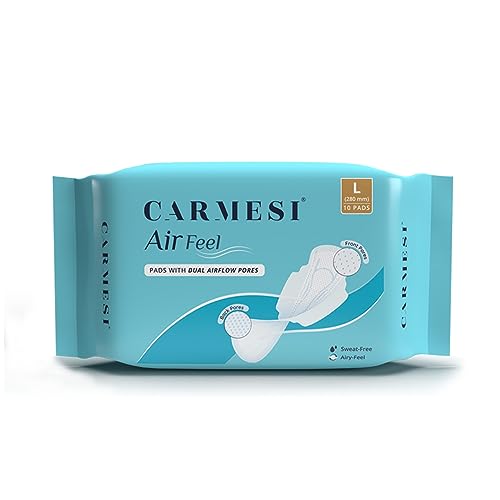 Carmesi Air Feel - Compresas sanitarias con doble flujo de aire, 10 almohadillas grandes, aireadas, secas, sin sudor, sin erupciones y cómodas, suaves, ligeras y ultrafinas, núcleo superabsorbente, no