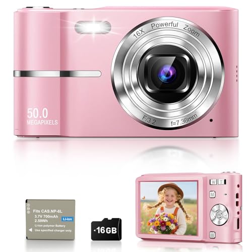 EJXHKNF Digital Camera 1080P FHD Vlogging Camera 50MP Compact Portable Photo Camera with 2.4 Screen 16X Digital Zoom Mini Small Pocket Camera for Kids Students with 1 Battery 16GB Card (Pink)